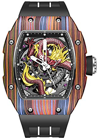 Haofa Automatische mechanische Uhr für Herren 3D geschnitztes Drachenzifferblatt Saphir wasserdichte leuchtende Uhr 80H Gangreserve Luxus-Skelett-Herrenuhr 1968N Bunt