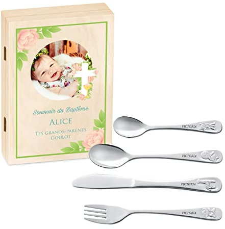 Maverton Set de Couverts de table dans boîte en bois imprimée - Thème Animal - Cadeau personnalisé - Cadeau bapteme fille - Cadeaux bébé - Coutellerie gravée - Photo 2