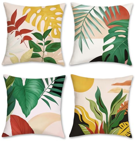 Bonhause 4er Set Kissenbezüge Tropische Blätter 45 x 45 cm Palmen Blätter Sonnenuntergang Samt Soft Dekorative Kissenhülle Zierkissenbezüge für Outdoor Sofa Wohnzimmer Zuhause Dekoration