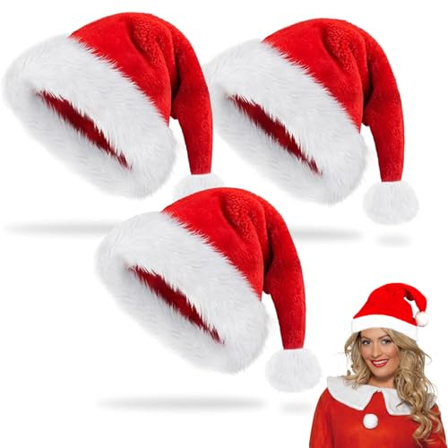 FMKLDENA Weihnachtsmütze, 3 Stück Nikolausmütze, Plüsche Weihnachtsmann Mütze, Weihnachtsmütze Erwachsene, Reissfest und Dehnbar, Rote Santa Mütze, für Herren/Damen Familie Weihnachten