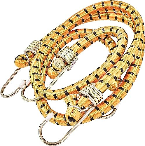 Cuerda elástica flexible multiusos con 12 mm de diámetro y ganchos de metal para equipaje, bicicleta, motocicleta (| amarillo, juego de 2)