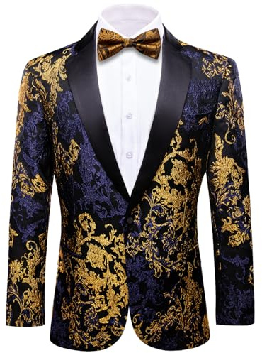 Barry.Wang Blazer de esmoquin para hombre, de lujo, con bordado de cachemira, chaqueta casual con solapa de un botón, abrigo de negocios para boda, Gradiente azul dorado, XL