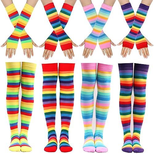 BYNYXI 4 Paar Gestreifte Kniestrümpfe Damen, mit Armstulpen Lange Strickhandschuhe Fingerlose Handschuhe Set Overknee Oberschenkel Regenbogen Gestreifte Schenkel Socken Thigh High Socks Party Kostüm