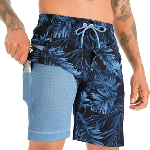 APTRO Maillot Short de Bain Homme Piscine Séchage Rapide Surf l'été Hawaïen Short de Plage Imprimé Palme Jaune Marine MK282 L