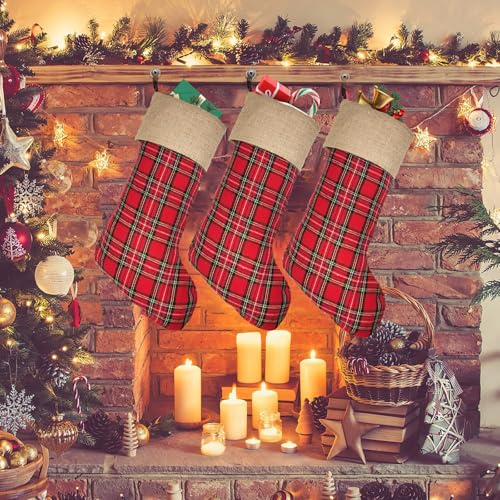 climafusion 3 Stück Weihnachtsstrumpf, Plaid Nikolausstrumpf 48cm groß mit Jute Cuff zum befüllen, Dekoration für Weihnachten Weihnachtsbaum