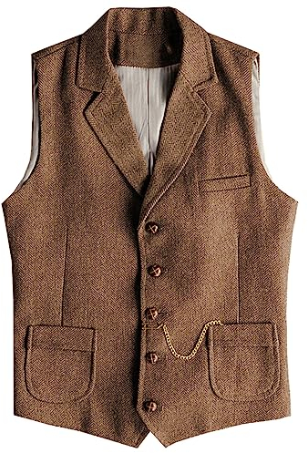 Tuikayoo Herren Western Herringbone Tweed Anzug Weste Wolle Slim Fit Weste (Braun,XXL)