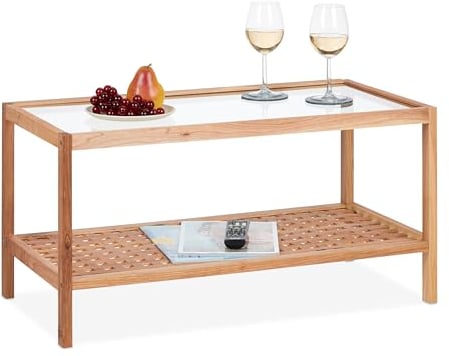 Relaxdays Mesa de Centro con Tablero Cristal, Mesita Sofá con Estante, Madera de Nogal, Salón, 40x80x40 cm, Natural, 35x80x40 cm