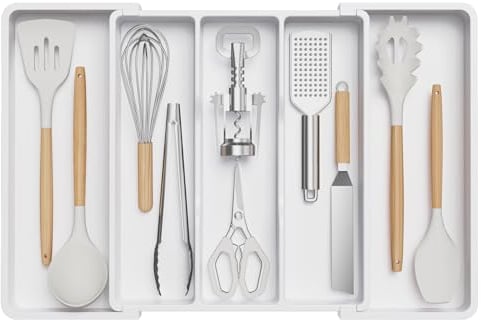 Range Couverts pour Tiroir, Grand Plateau de Couverts Extensible pour la Cuisine, Support Réglable pour l'Argenterie et les Couverts, Range Couvert pour Outils et Gadgets, Grand, Blanc