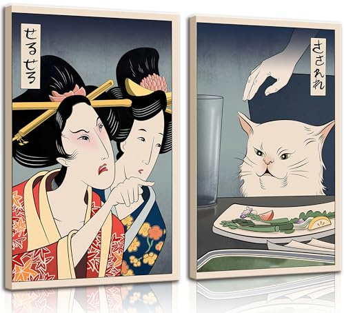 Gerahmte Wandkunst, Motiv: japanische Katze, gerahmt, Motiv: Frau schreit Katze, Poster, Drucke, Vintage, japanische Leinwand, Gemälde, japanische Wanddekoration, Bilder, Wohnzimmer, Esszimmer, Küche,