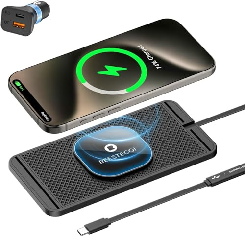 Magnetic Wireless Car Charger Pad, REESTECQI 15W Wireless Charging Pad for Magsafe Charger Wireless Charger for Car Non Slip Type C with 40W Car Charger for iPhone 15/14/13/12, Airpods (30CM Cable)