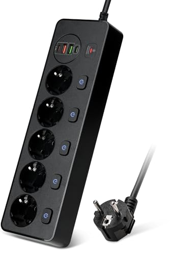 3M Steckdosenleiste einzeln schaltbar,5-Fach Mehrfachsteckdose mit 1PD(20W)+1 Type_C+2 USB-C,Steckdosenleiste,mit Überstromschutz und Kinderschutz,Steckerleiste mit Schalter für Zuhause,Büro (Schwarz)