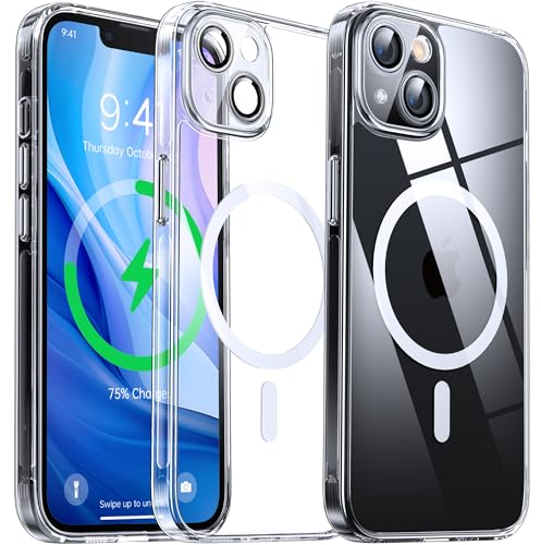 Flyzoo Clear Magnetic Case for iPhone 13 (6.1'') with Camera Protector, [Compatible with MagSafe] [Non-Yellowing] [Shockproof & Antiscratch Protection] Hard Transparent Cover with Silicone Edge, Clear