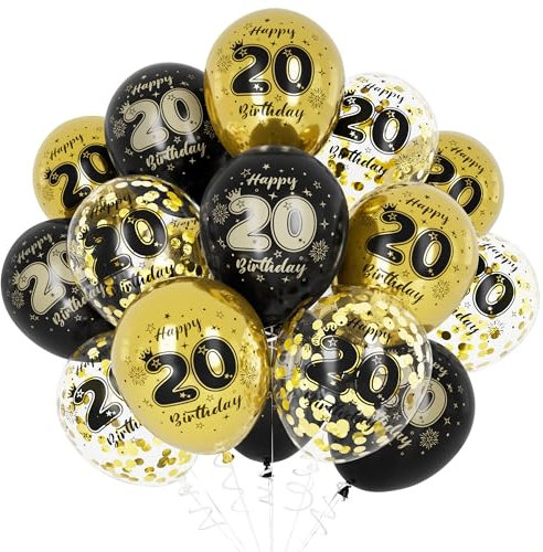 Unisun 20. Geburtstag Luftballons, 20 Jahre Geburtstag Dekorationen für Männer Frauen, Happy Birthday Schwarz Gold 20 Jahrestag Ballons Deko für Mädchen Jungen Geburtstag Party Supplies