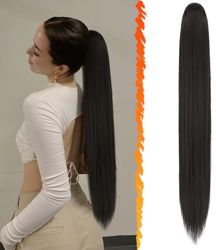 BARSDAR Lang Glattes Pferdeschwanz Verlängerung, 76CM Kordelzug Schwarz Braun Zopf Pferdeschwanz Haarverlängerungen Synthetik Pferdeschwanz Haarteil Clip Pferdeschwanz für Damen (Schwarz Braun)