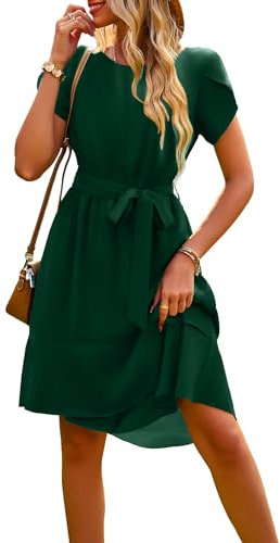 IFFEI Sommerkleid Elegante Kleider Damen Damen Leicht Boho Blumenkleider Kurz Rüschen Strandkleid mit Gürtel Dunkelgrün S