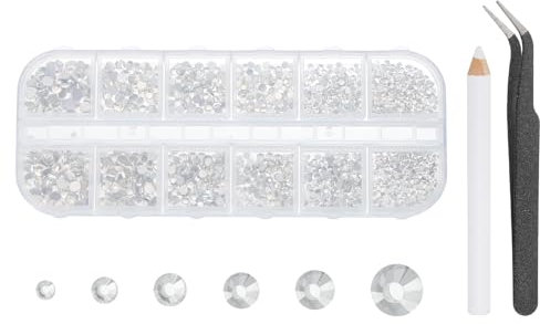 sourcing map Round Flatback Rhinestones Set, 6 Size Glass Flat-Back Crystal Diamonds with Tweezers and Picking Pen for Nail Art Makeup Crafts Fabric DIY Decoration, White