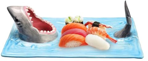 Huayeex Shark Sushi Plate - Ceramic Shark Shaped Serving Platter | Hand-Painted Ceramic Food Serving Tray, Japanese Cheese Board | Serving Tray with Soy Sauce Holder Sushi Boat Plate Funny Food Plate