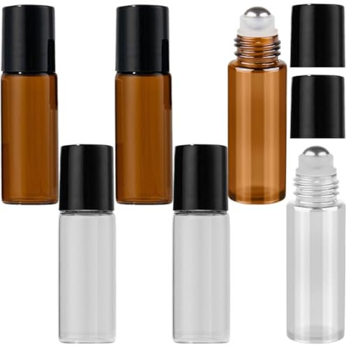 BDEPSTR 6-teilige Glas-Rollerball-Flasche für ätherische Öle, 5 ml leer, mit Edelstahl-Rollerball, geeignet für ätherische Öle, Parfüm, Kosmetik, Massagen