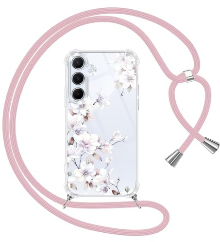 Yoedge Coque avec Cordon pour Samsung Galaxy A55 5G 6,5, Collier Étui Transparente Aesthetic Motif Fleur Femmes Filles Case, Silicone TPU + PC Antichoc Housse Laniere Corde Cover pour Samsung A55, 05
