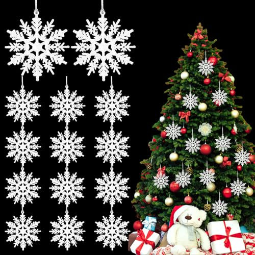 White Christmas Tree Decorations - 12 Pc Snowflake Baubles, Hanging Ornaments for Xmas