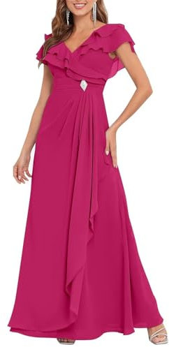 HPPEE Vestido largo para madre de la novia para mujer, con volantes, mangas de capa, vestido formal de invitada de boda, fucsia, 36
