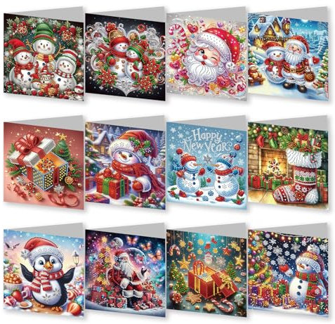 12 Stück Diamant Gemälde Weihnachtskarten Weihnachten Grußkarten Kit Weihnachtsmann Schneemann 5D DIY Diamant Painting Gruß Karten,Malerei Geschenkkarte für Erwachsene Kinder Postkarten Fest Geschenk