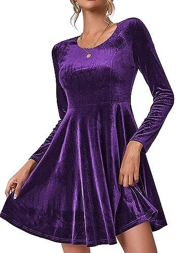 Zeagoo Robe en Velours pour Femme - Élégante pour Noël, Cocktail, Fête et Bal - Manches Longues, Col Rond, Longueur Genou - Violet, M