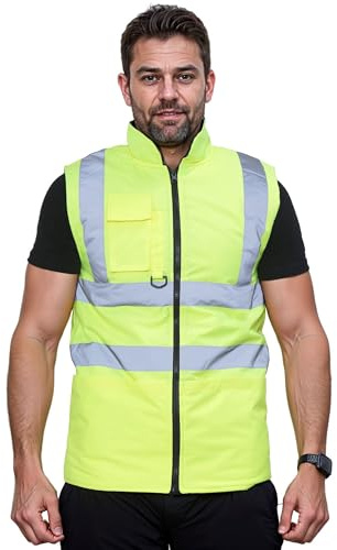 GUBA Mens Hi Vis Body Warmer, High Visibility Fleece Lined Reversible Waterproof Workwear Safety Security Warm Gilet Waistcoat Bodywarmer Sleeveless Jacket (Yellow, XL)