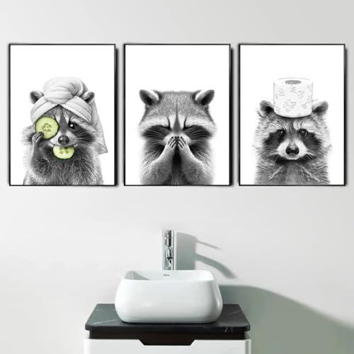 3 Poster Badezimmer Schwarz Weiß Bilder Tiere Toilette WC Dekoration Lustig Wandbilder Moderne Kunst Druck Witzige Bilder Gästebad Leinwand Poster Waschbär 30x40cm ohne Rahmen