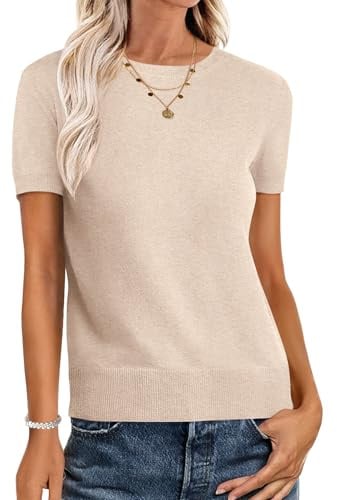 ANRABESS Womens Short Sleeve Sweaters Wool Blend Crew Neck Sweater Shirts Business Casual Work Tops 2026 Summer Outfits Parchment Beige M