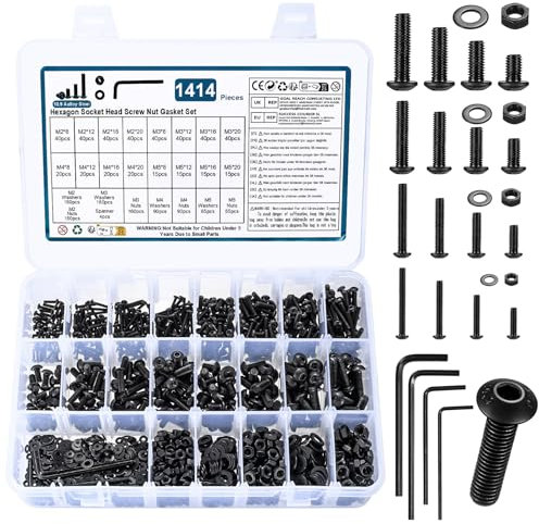 1414 STK M2 M3 M4 M5 Schrauben Set, Schwarze Innensechskantschrauben Muttern Set mit Unterlegscheiben Set, Gewindeschrauben mit Muttern, Linsenkopfschrauben und Muttern, Fahrrad Schrauben Set