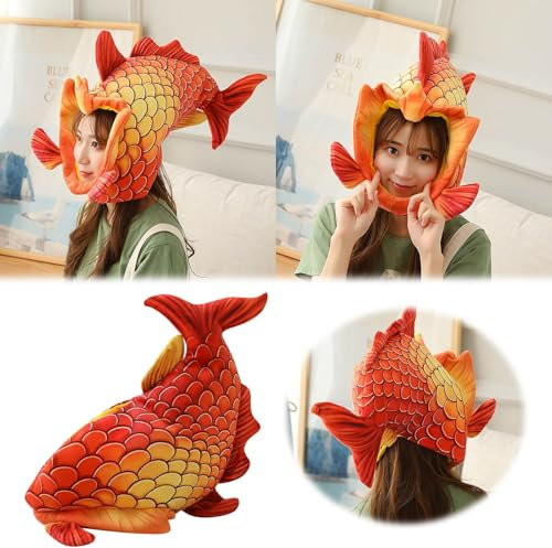 Funny Fish Head Hat Novelty Costume Accessory for Parties and Events Unisex Sea Animal Headwear Ideal for Dress-Up and Themed Celebrations (Red, A)