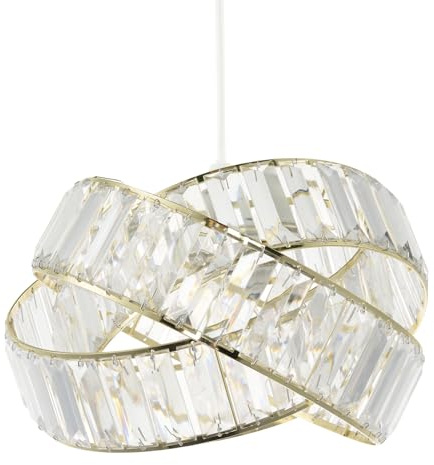 Modern Three Ring Shiny Gold Pendant Lighting Shade with Transparent Acrylic Rectangular Prisms | 18cm x 28cm | for Bedroom Dining Room Lounge etc by Happy Homewares
