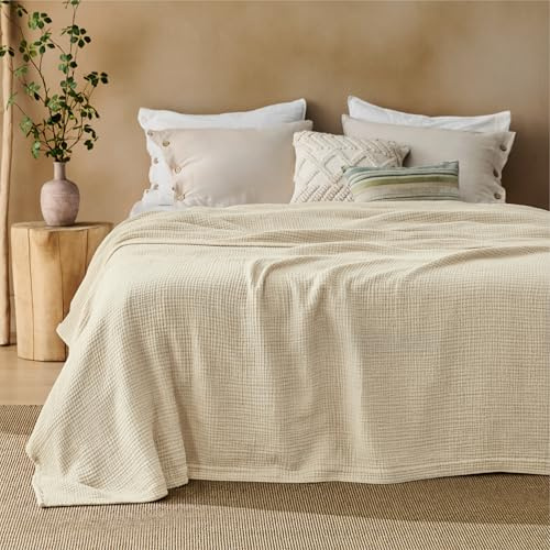 BEDSURE Musselin Decke 100% Baumwolldecke - Tagesdecke, Beige, 220x240 cm | 4-lagige Gazedecke für Couch, Atmungsaktiv und Leichte Sommerdecke, Kuscheldecke für Wohnzimmer, Schlafzimmer und Kinderwagen