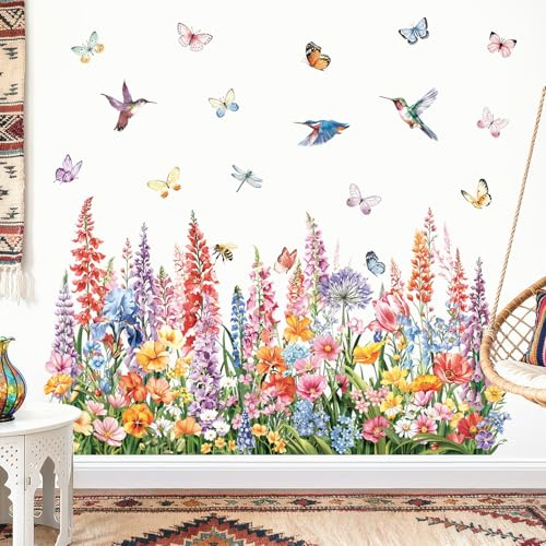 decalmile Wandsticker Blumen Grün Gras Wandtattoo Blumenwiese Wildblumen | Abziehbare und Aufklebbare Wandaufkleber, DIY Abnehmbare Wandkunst Abziehbilder, Wandfreundlich, Leuchtenden Farben