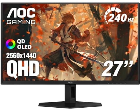 AOC Q27GAZD - Monitor da gioco OLED QD da 27, QHD 2560 x 1440, 240 Hz 0,03 ms, 1 HDMI 2.0 x1, 1 porta di visualizzazione, compatibile G-Sync, compatibile per giochi su console, punto zero luminosità