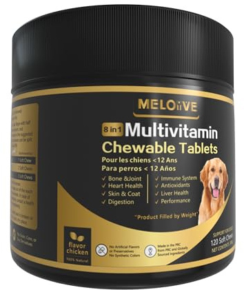 Meloive 8 en 1 Multivitaminas para Perro | Suplementos para Perros | Aumenta la Inmunidad,el Rendimiento Físico,la Salud de la Piel y las Aticulaciones | Con Pollo | 120 Compléments