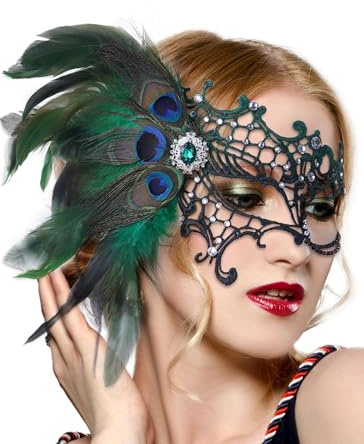 XIABYAYU Spitzenmaske, Maske Spitze, Venezianische Maske Damen, Maskenball Masken Mit Federn, Augenmaske Fasching Geeignet Für Karneval, Maskenball, Abendkleid, Ballparty, Grün