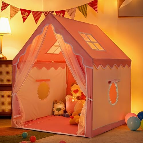 VeftBltrem Kinderzelt Spielhaus Indoor, Rosa Prinzessin Kinderspielhaus in Form eines Hauses 130x120x100cm für Zimmer, Schnell aufbaubar & tragbar, 2 IN 1 Zelt Kinderzimmer für Mädchen 3-15 Jahre