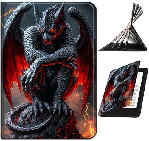 RWUTYTIUL Case for Amazon Kindle Fire HD 8 & 8 Plus (12th/10th Generation, 2024/2022/2020), Slim PU Leather Smart Cover with Multi-Angle Anti-Slip Stand Shell for Women Men, Red-Winged Dragon