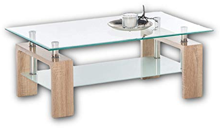 Stella MANGO II Couchtisch Glas in Eiche Sonoma Optik - geräumiger Glastisch mit Glasblage für Ihren Wohnbereich - 100 x 46 x 60 cm (B/H/T)