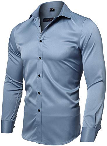 INFLATION Herren Hemd Aus Bambusfaser umweltfreudlich Elastisch Slim Fit für Freizeit Business Hochzeit Reine Farbe Hemd Langarm Herren-Hemd, Gr.M (Etikette 41), Graublau