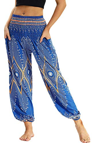 Nuofengkudu Damen Hippie Haremshose Capri Thai Hose Leichte mit Taschen Dünn Boho Ethno Blumenmuster Muster Strand Sommerhose Yogahose Blau Muster