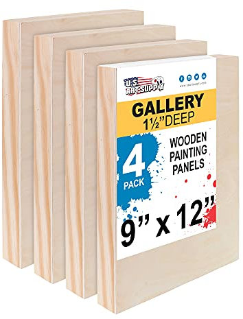 U.S. Art Supply Unfinished Cradled Wood Panels for Painting, 4 Pack of 9x12 inch - Gallery Birch Wooden Canvas Boards 1-1/2 Deep - Mixed-Media Craft, Acrylic, Oil, Encaustic, Paint Pouring