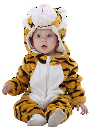 COOKY.D Newborn Infant Hooded Flannel Romper Autumn Winter Outfit Toddler Jumpsuit Long Sleeve Playsuits for Baby Girls Boys, 18-24 Months, Tiger