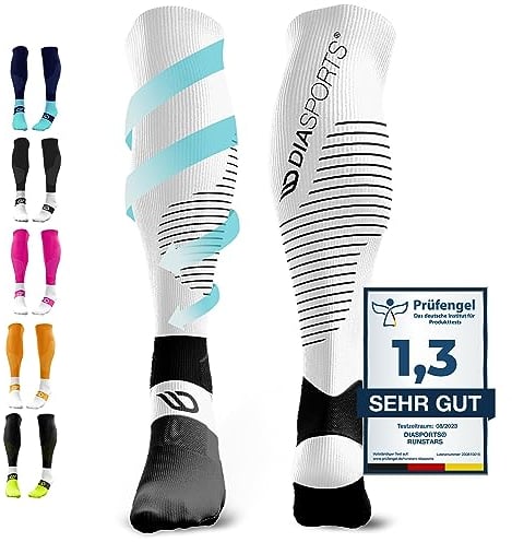 Diasports Kompressionsstrümpfe Sport, Laufen, Marathon und Triathlon RUNSTARS | Erstklassige Kompressionssocken mit gleichmäßiger Kompression und verstärkter Ferse für Damen und Herren (Weiß, M)
