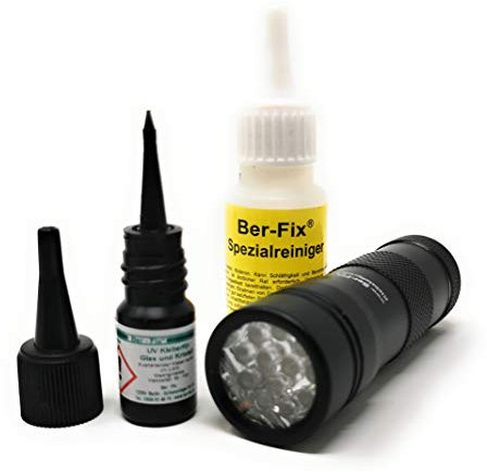 Ber-Fix® Glass Adhesive Transparent Strong Waterproof - 3g UV Glue Gel 2500 mPas, Glass Repair Kit, UV Glue with Lamp Set with UV Torch 12 LED with Special Cleaner
