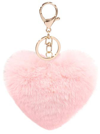 Porte-clés avec pompon en fausse fourrure en forme de cœur - Rose - Small