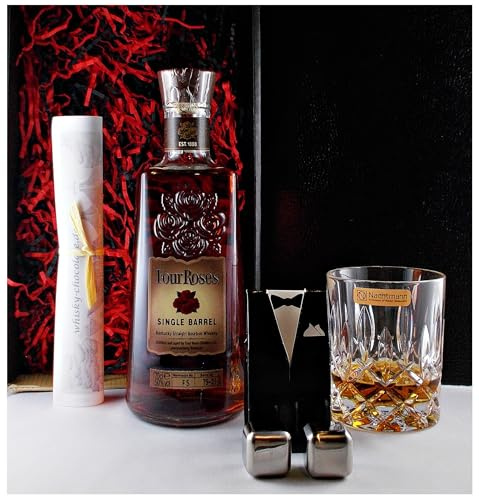 Four Roses Single Barrel Bourbon Whiskey mit Whisky Glas & 2 Kühlsteine im Smoking im Geschenk Karton Männergeschenke Genießer Set
