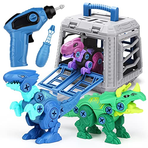Dreamon Dinosaurier Montage Spielzeug mit Dinosaurierkäfig, Dinosaurier Spielzeug mit Elektrobohrmaschine Schraubendreher, DIY Montessori Spielzeug Geschenk für Kinder ab 3 4 5 6 7 Jahre Junge Mädchen
